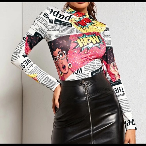 Tops - NWOT silky mock neck newspaper print top